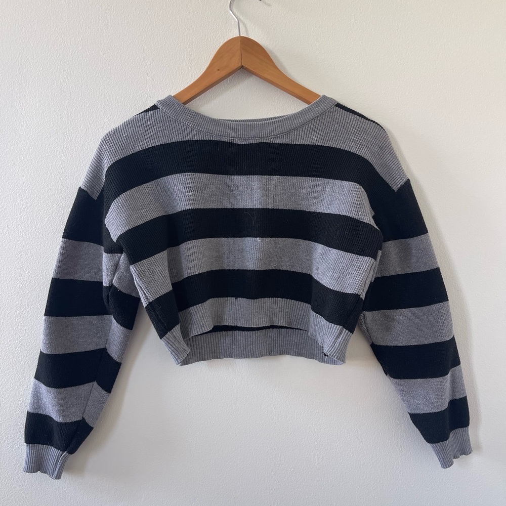 Women’s Goth/Emo Cropped Striped Gray and Black Sweater